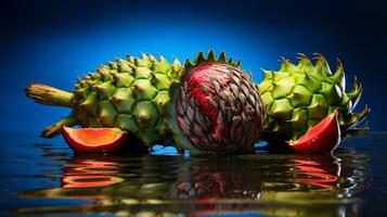 Foto av guanabana frukt halv mot en färgrik abstrakt bakgrund. generativ ai