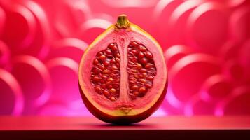 Foto av guavabär frukt halv mot en färgrik abstrakt bakgrund. generativ ai