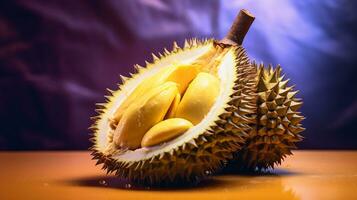 Foto av Durian frukt halv mot en färgrik abstrakt bakgrund. generativ ai