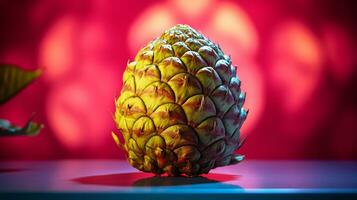 Foto av tjock vaniljsås äpple frukt halv mot en färgrik abstrakt bakgrund. generativ ai