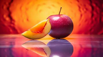 Foto av chico frukt halv mot en färgrik abstrakt bakgrund. generativ ai