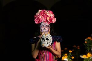 calavera catrina Sammanträde på en tron. socker skalle smink. dia de los muertos. dag av de död. halloween. foto