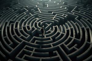affärsman stående i en mitten av en labyrint. 3d tolkning, man silhuett i labyrint eller labyrint. upptäckt lösning och själv begrepp, ai genererad foto