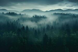 dimmig morgon- i de karpater berg, Ukraina, dimmig mörk skog antenn landskap se, ai genererad foto