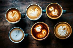 kaffe latte konst på trä- bakgrund, årgång Färg tona, flera olika koppar av kaffe med mängd av kaffe drycker över huvudet se, ai genererad foto