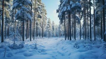 en snöig väg i en skog foto