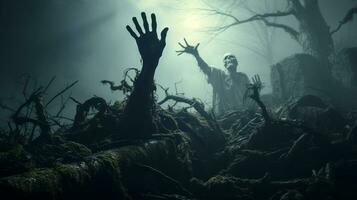 spöke landskap halloween bakgrund, zombie apokalyps, skrämmande besatt kyrkogård, ai generativ foto