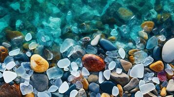 skön glas strand, färgrik småsten, fantasi havsbild, drömmande atmosfär, ai generativ foto