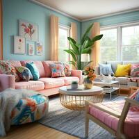 möblerad modern levande rum, ljus blå och rosa Färg palett, interiör design, ai generativ foto