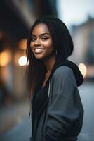 skön svart hud ung kvinna bär Tröja luvtröja stanna kvar och Framställ på stad gata. fokus med bokeh. generativ ai foto