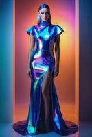 kvinna i trogen skinande neon klänning. mode konst. generativ ai foto