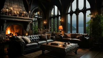 interiör design, skön levande rum gotik stil, lyx herrgård, elegant lång fönster, ai generativ foto