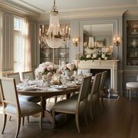 lyxig möblerad dining rum, glamour dining område, elegant interiör design, ai generativ foto