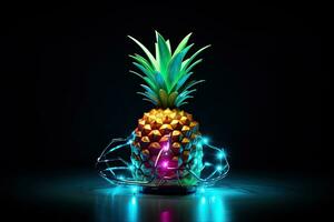 ananas med neon lampor på svart bakgrund. 3d illustration, pinaple dataintrång vägtull attackera wifi, ai genererad foto