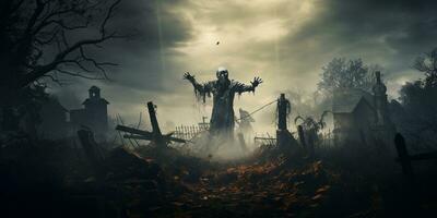 spöke landskap halloween bakgrund, zombie apokalyps, skrämmande besatt kyrkogård, ai generativ foto