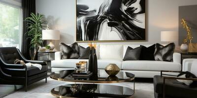 lyxig möblerad levande rum, rymlig mysigt soffa, svart och vit svartvit palett, elegant interiör design, ai generativ foto