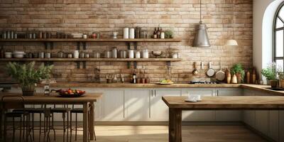 rustik bondgård kök, eleganta rymlig matlagning område, interiör design, ai generativ foto