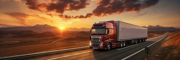 lastbilar körning på motorväg, lantlig landskap, dramatisk solnedgång, transport på väg, ai generativ foto
