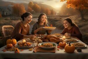 Lycklig familj har tacksägelse middag på landsbygden. foto