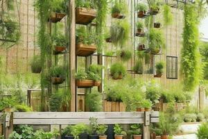 pallar med hängande växter vertikal trädgård. bakgrund. ai generativ proffs Foto