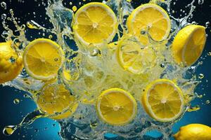 citroner och dess skivor faller in i vatten och stänk. generativ ai foto