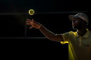 afrikansk amerikan tennis spelare i keps och gul enhetlig spelar tennis ai genererad foto