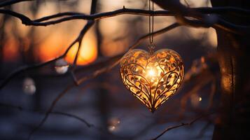gnistra lysande hjärta reflekterad lampor, orange och guld, fängslande visuell, romantisk landskap, drömmande, kopia Plats, hälsning kort, ai generativ foto