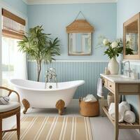 badrum i blå och vit Färg, inspirerad strand design, ai generativ foto