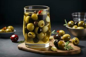glas av oliver och oliver på trä- styrelse, svart bakgrund foto