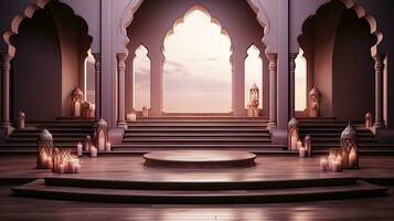 podium bakgrund i ramadan Semester minimalism stil . orientalisk arabicum design med nyanser av beige färger. ai generativ foto