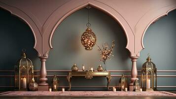 podium bakgrund i ramadan Semester stil med lykta. orientalisk arabicum design med nyanser av guld. ai generativ foto