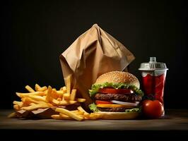 förpackning hamburgare med frites och ketchup ai generativ foto