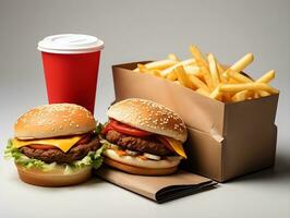 förpackning hamburgare med frites och ketchup ai generativ foto