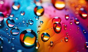 närbild flerfärgad droppar av vatten på yta. ai generativ. foto