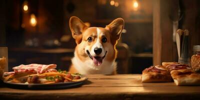 charmig corgi hund glatt åtnjuter en härlig måltid på en mysigt trä- tabell. ai generativ. foto