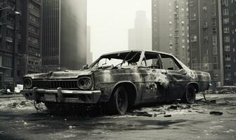 övergiven, förstört bil i en stad. ai generativ. foto