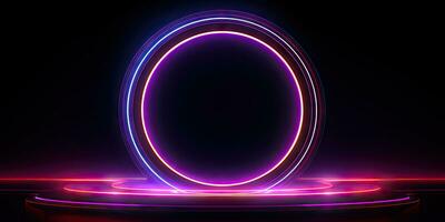 en lysande neon cirkel dominerar de mörk scen, dess böljande lampor. ai generativ. foto