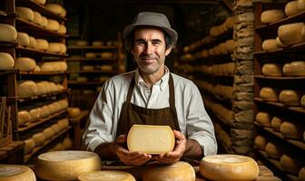 mästerlig ostmakare självsäkert utvärderar ost. ai generativ. foto