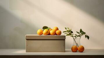 Foto av caja på en minimalistisk tabell. generativ ai
