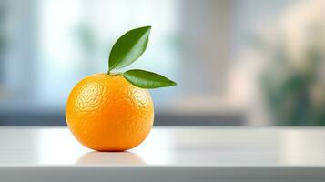 Foto av mandarin orange på en minimalistisk tabell. generativ ai