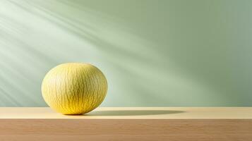 Foto av melon på en minimalistisk tabell. generativ ai