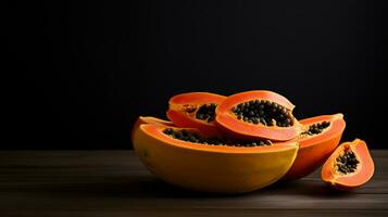 Foto av papaya på en minimalistisk tabell. generativ ai