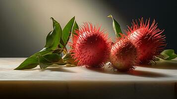 Foto av rambutan på en minimalistisk tabell. generativ ai