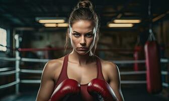 kraftfull hållning av en kvinna boxare. ai generativ. foto