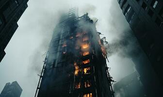 skyhög brand och rök innesluta en skyskrapa. ai generativ. foto