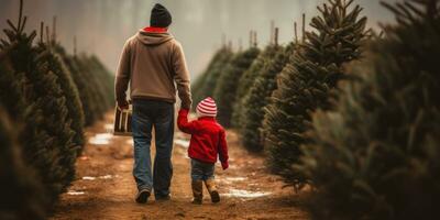 hjärtvärmande scen av far och son innehav händer på en jul träd odla. ai generativ. foto