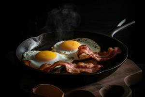 ägg och bacon med en timjan kvist i en fräsning panorera, trä- bakgrund. ai generativ foto