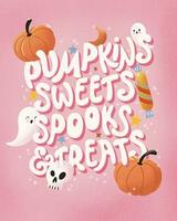 Lycklig halloween illustration med hand text meddelande och söt spöken och pumpor foto