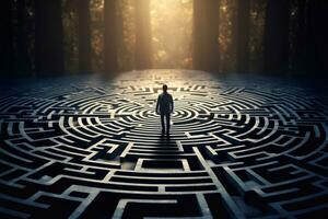 en bild av affärsman stående i de mitten av en labyrint och ser på de utgång spel begrepp generativ ai foto