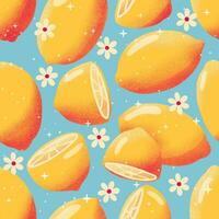 sömlös mönster med hand dragen citroner på blå bakgrund. frukt och blommig design i ljus färger. färgrik illustration. foto